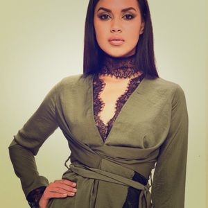 Carli Bybel Misguided Green Satin Lace Wrap Dress